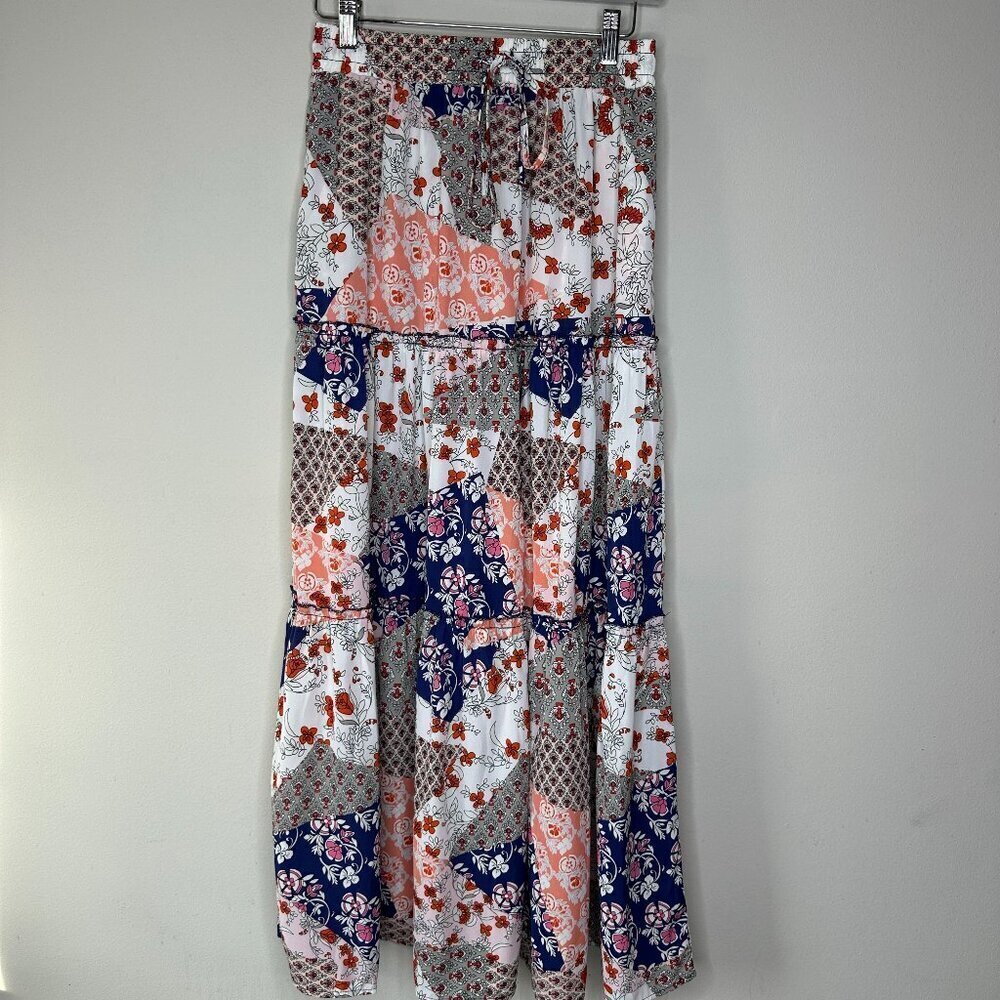 Womens Patchwork Blue White and Pink Tiered Maxi Skirt Size Small Boho Hippie
